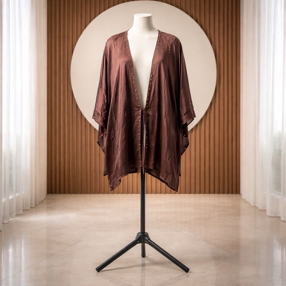 Vintage Jaded by Knight Stud-Trim Open-Front Brown Kimono Cardigan